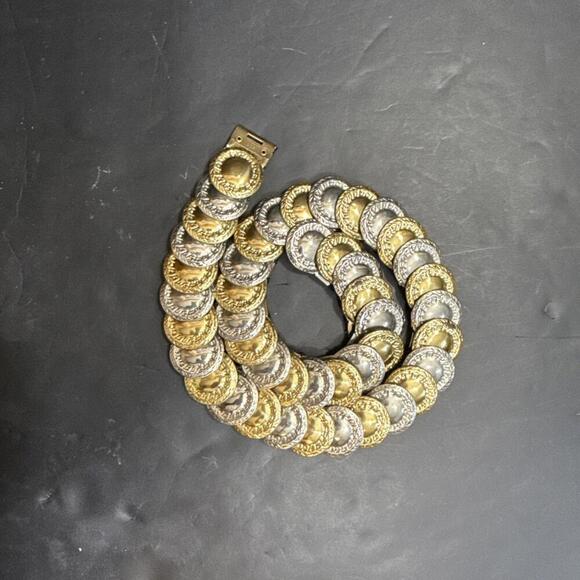 Vintage Gold Silver Metal Disc Coin Stretch Belt 80s Medallion Roman - Picture 11 of 11